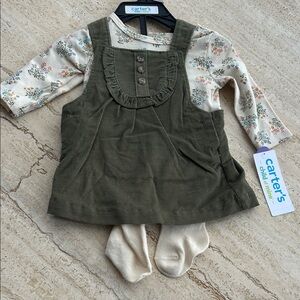 NEW Carter's Olive Green Dress Set with Cream Tights size Newborn